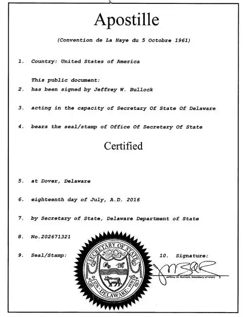 美国海牙认证示例