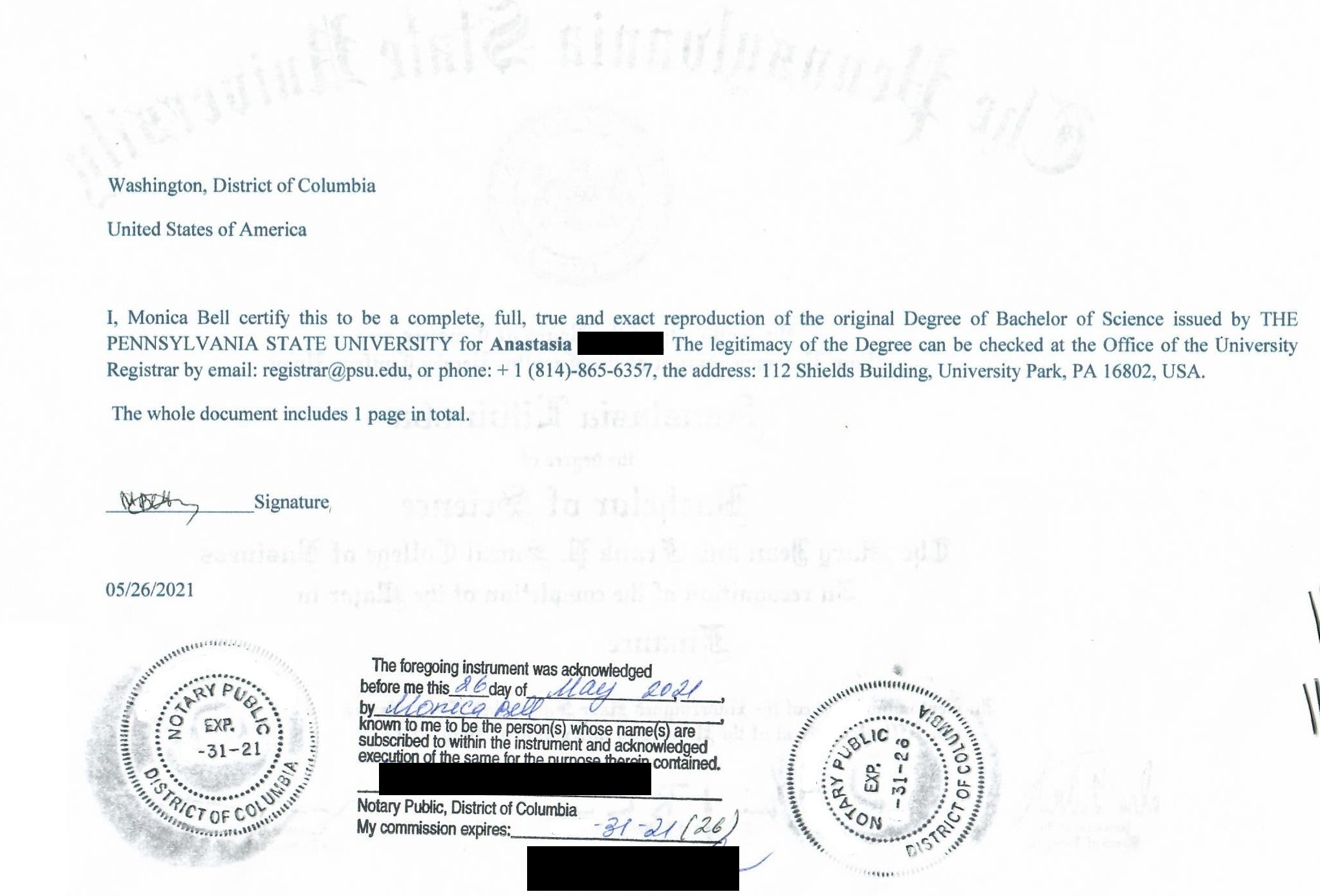 Sample notarised copy of a US diploma