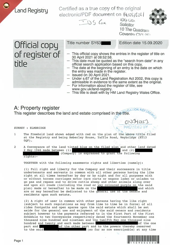 英格兰和威尔士土地登记簿正式副本 英格兰和威尔士土地登记簿正式副本